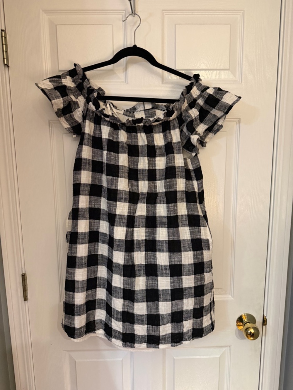 Womens Black and White Check Off-Shoulder Mini Dress